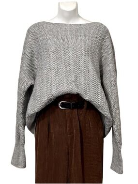Nicole Miller New York Neutral Gray Long Sleeve Drop Shoulder Knit Sweater Sz L